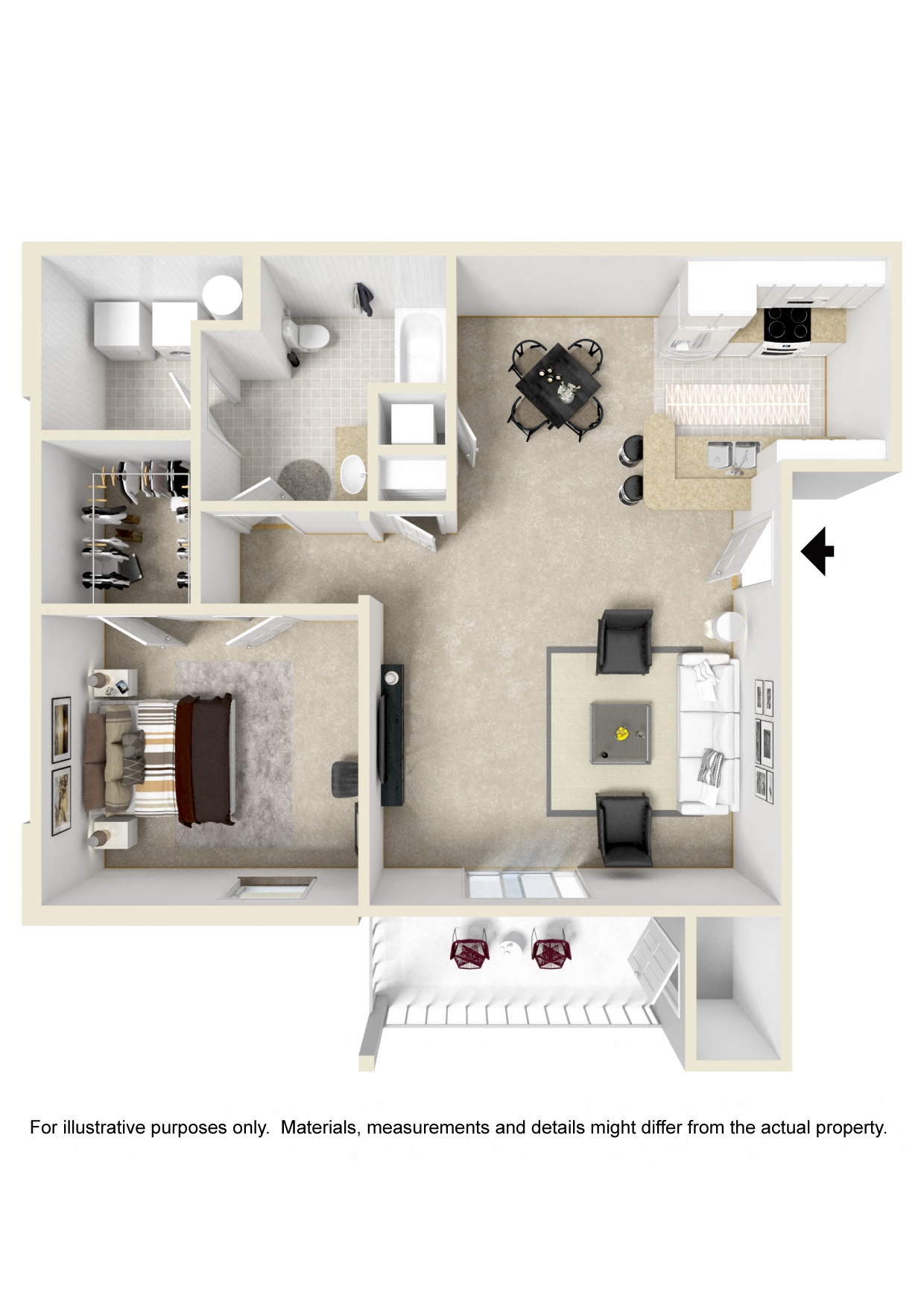 Floor plan for 1 bed, 1 bath, 776 sqft